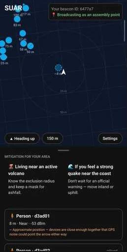 SUAR radar screen: nearby people shown as dots with their distance, an arrow pointing toward the selected person, and safety tips for the area