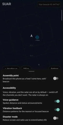 SUAR settings: assembly point beacon, voice guidance, vibration feedback and a battery-saving disaster mode