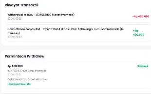 Writeen tutor transaction history and an approved withdrawal